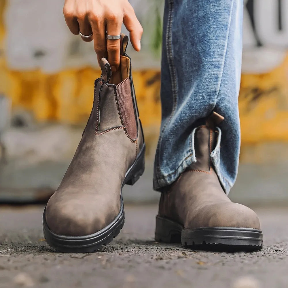 Vintage unisex Chelsea boots with frosted PU upper and car suture detail in multiple colours.