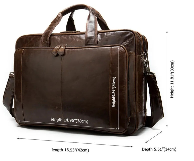 Men's hand-carrying genuine leather briefcase in coffee colour with retro styling for business travel
