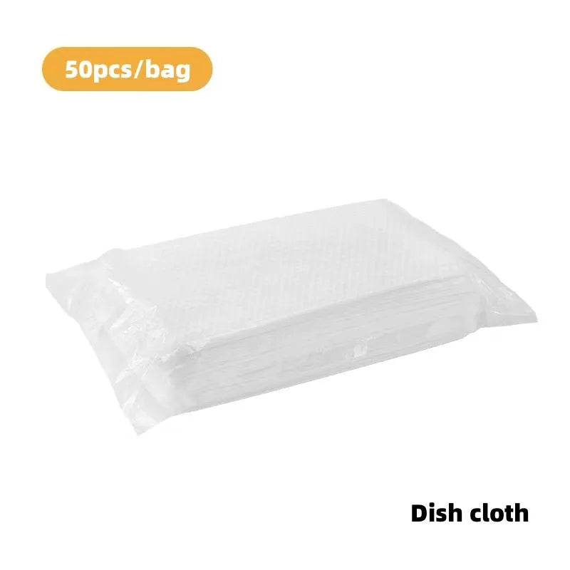 Magic Brush disposable cleaning tool with plastic handle, 50 white non-woven rags, and a storage box holder.