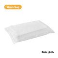 Magic Brush disposable cleaning tool with plastic handle, 50 white non-woven rags, and a storage box holder.