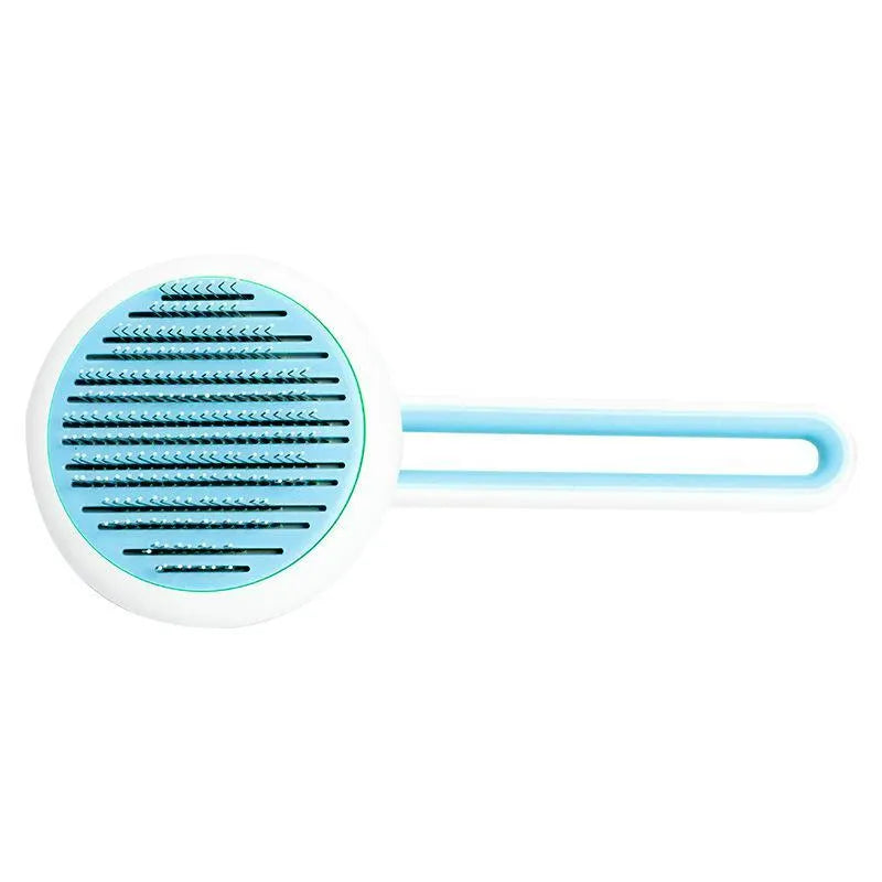Automatic hair release pet grooming brush with stainless steel teeth in blue, green, or pink colours
