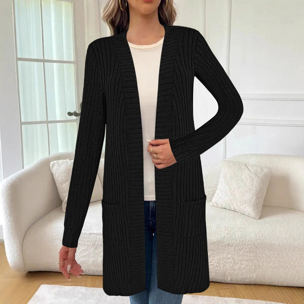 Long sleeve loose fit knitted cardigan jacket with pockets in black, plus sizes 1XL to 5XL.