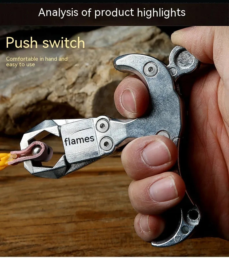 Zinc alloy archery release aid with a two-axis harpoon clip and stainless steel spring mechanism.