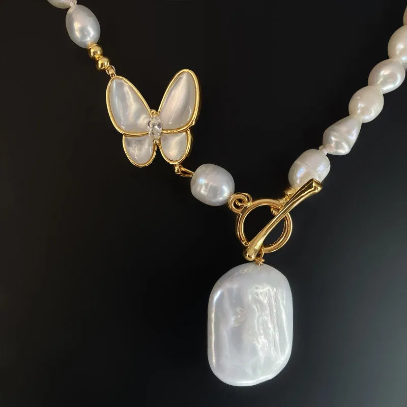 Pearl white fashion OL butterfly necklace with electroplated finish and 50cm chain