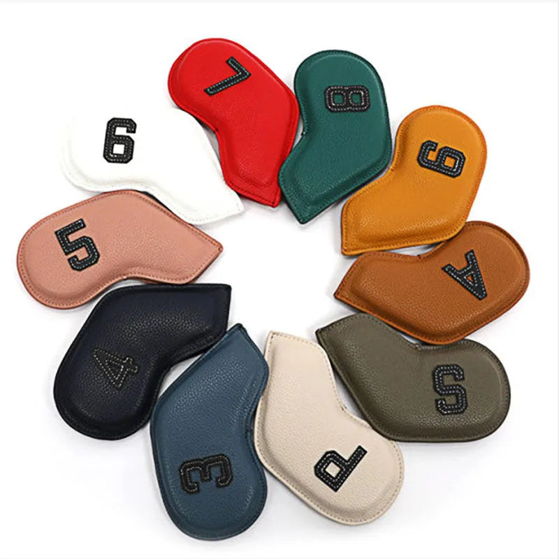 Set of 10 assorted digitally printed PU golf club head covers for protection and gifting.