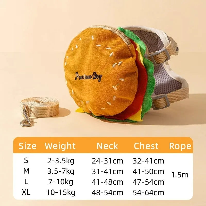Cartoon hamburger design adjustable vest leash for a dog, showing the integrated rope and backpack-style harness.