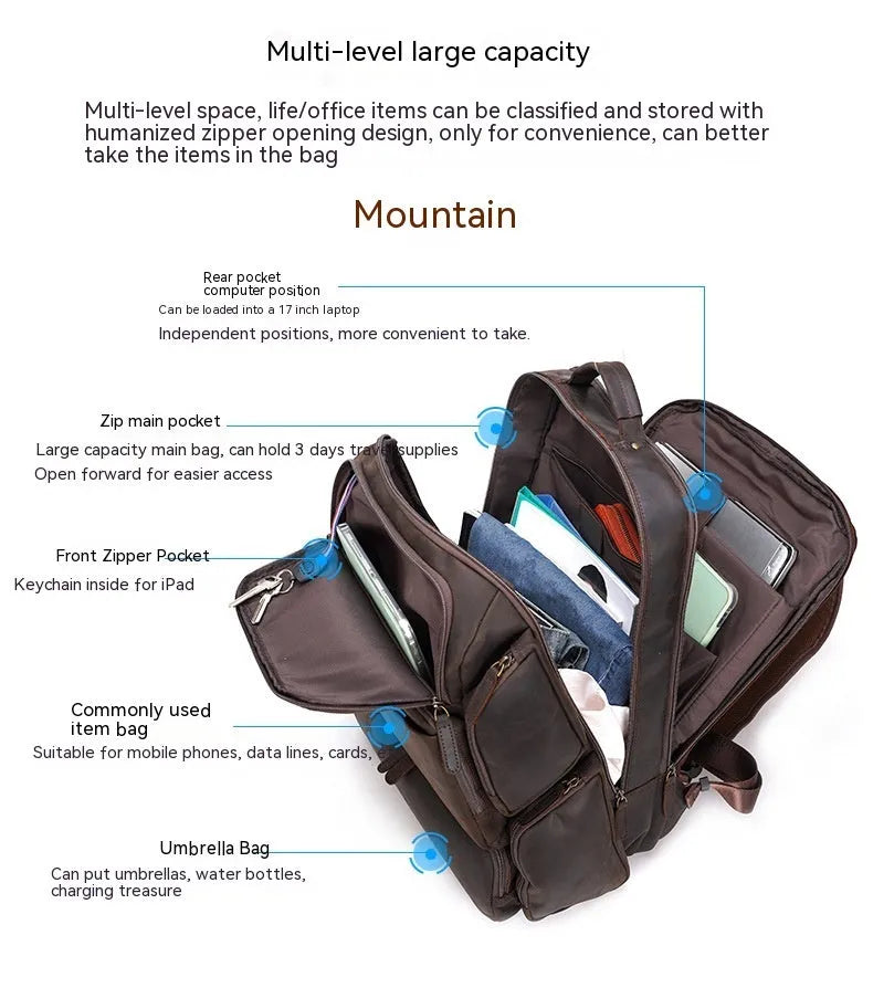 Dark brown retro crazy horse leather backpack for men open to show 17-inch laptop compartment and internal organisers.