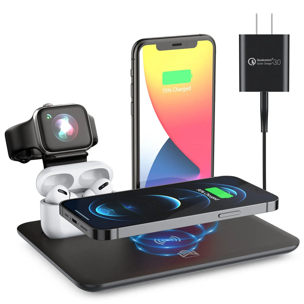 Black multifunction desktop wireless charger for phone, smartwatch and headphones on a wooden desk.