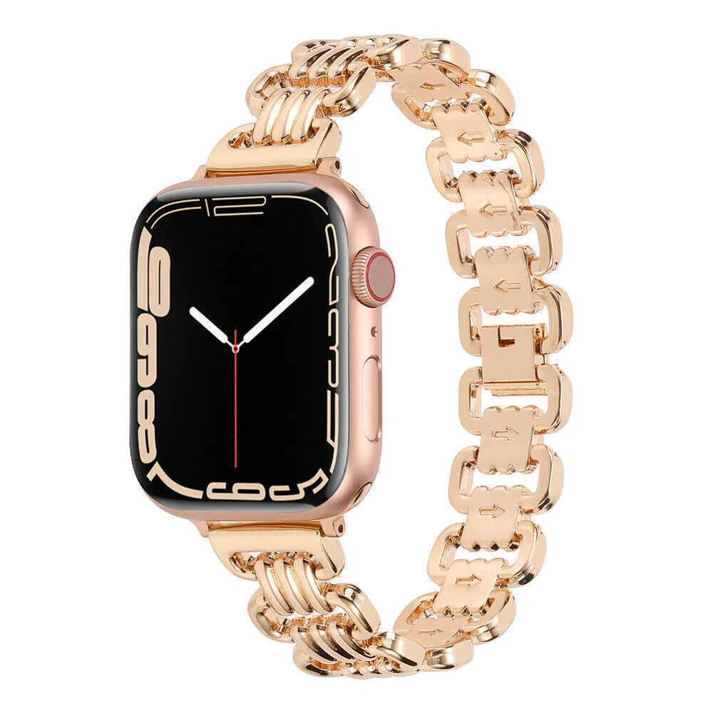 Alloy metal Apple Watch bracelet in silver, black, gold, rose gold and Starlight colours for 38mm to 49mm models.