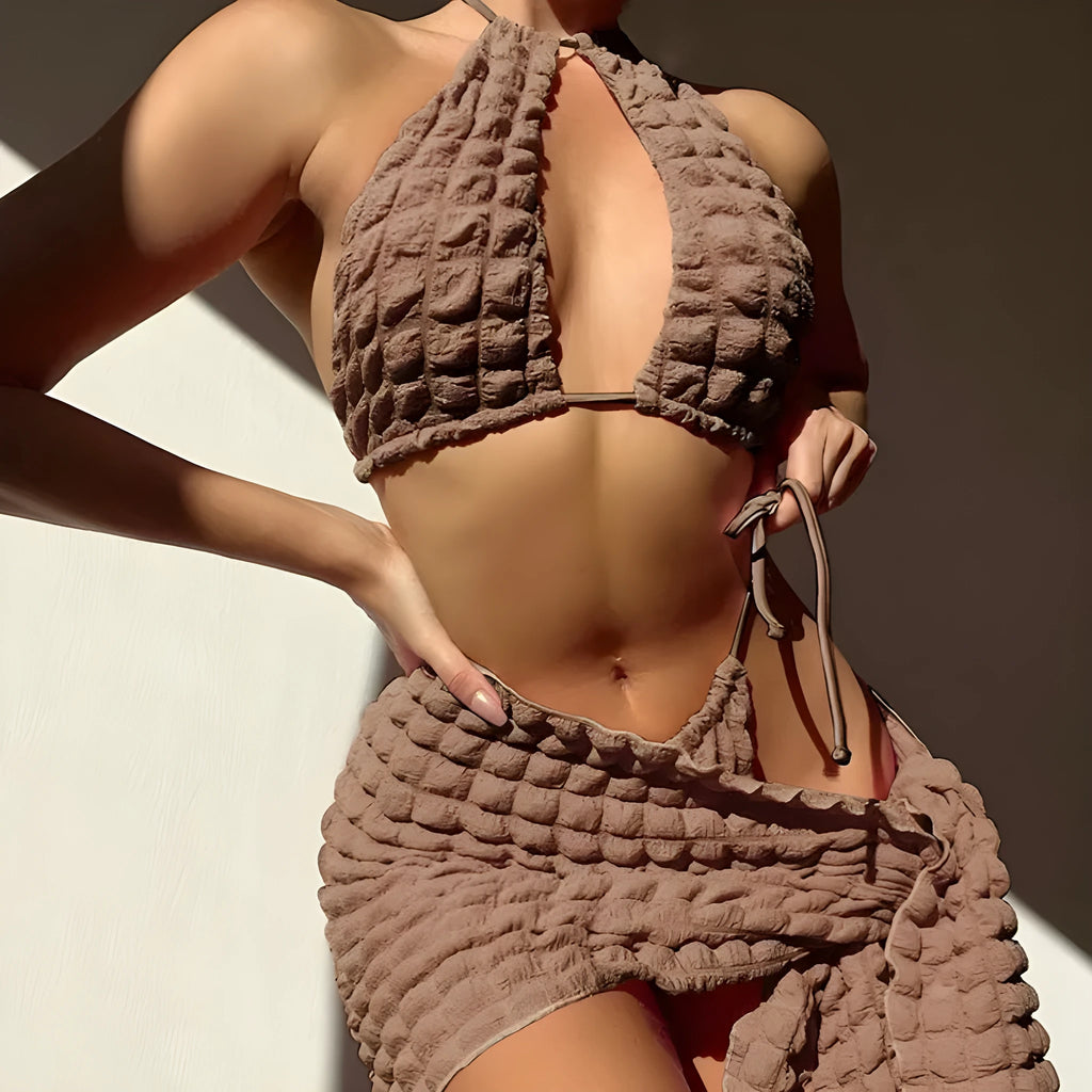 Brown seersucker lace-up women's bikini set with skirt on hanger