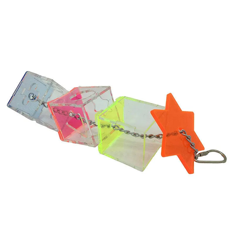 Transparent acrylic parrot foraging toy measuring 32cm tall with 5x5cm base