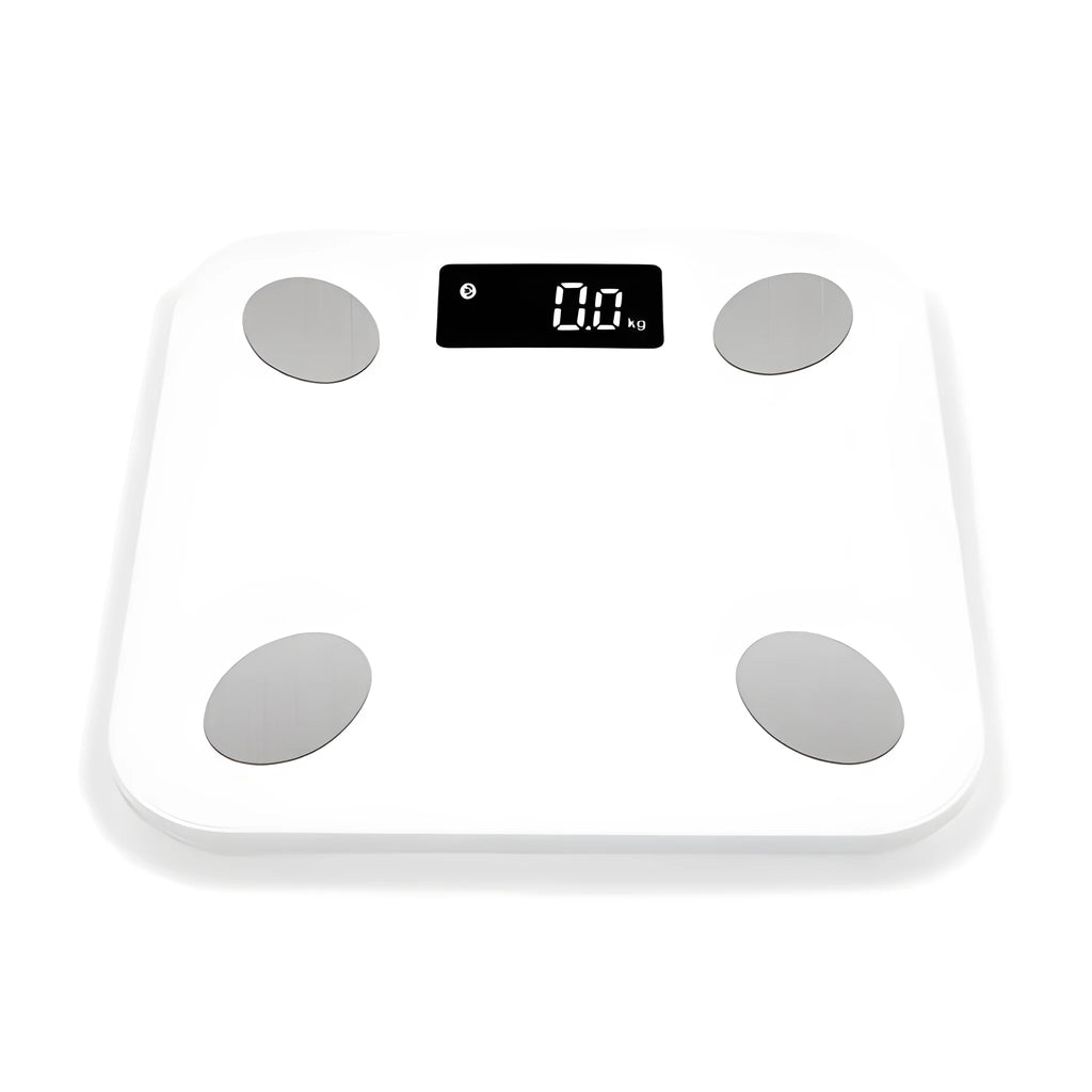 White square electronic weight scale with LCD display showing weight and body fat data