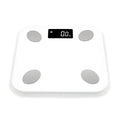 White square electronic weight scale with LCD display showing weight and body fat data