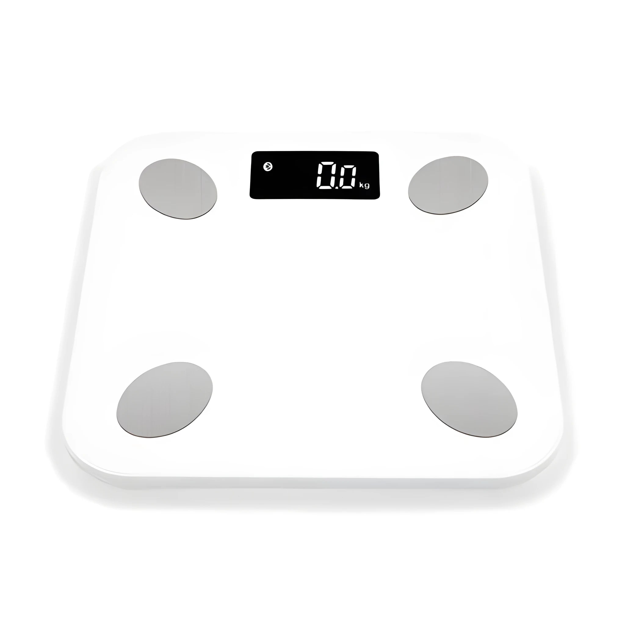 White square electronic weight scale with LCD display showing weight and body fat data