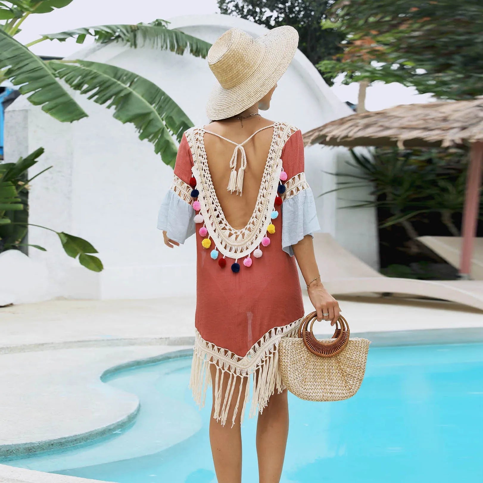 Orange floral beach overskirt and top set with hand crochet stitching details and tassel accents