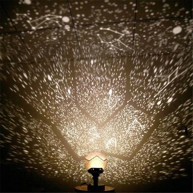 LED starry sky projector night light showing constellation projection on a bedroom ceiling.