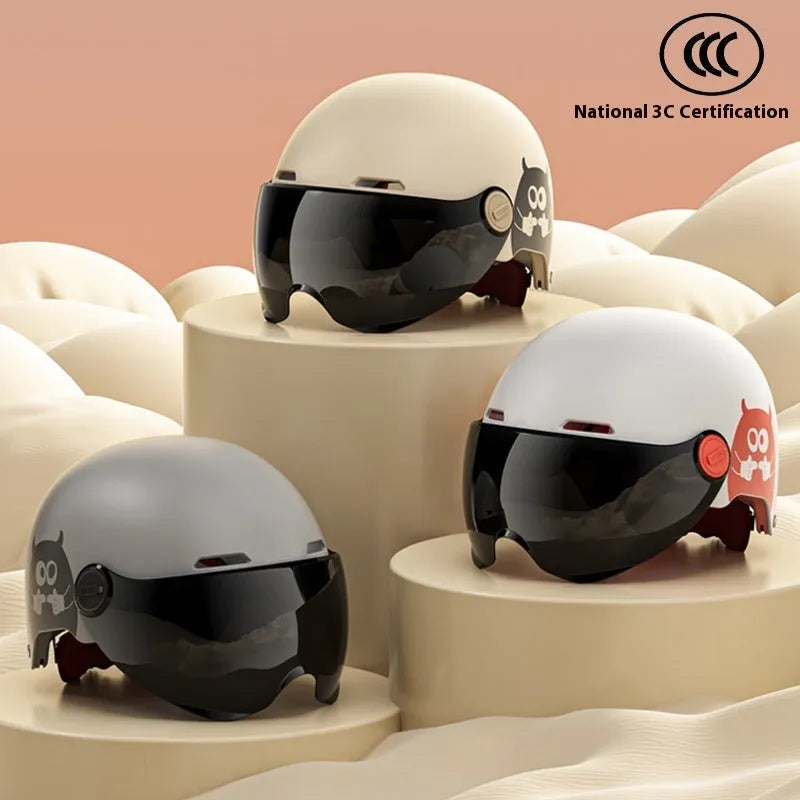 White ABS universal electric motorcycle helmet with high-definition long mirror visor for couples commuting