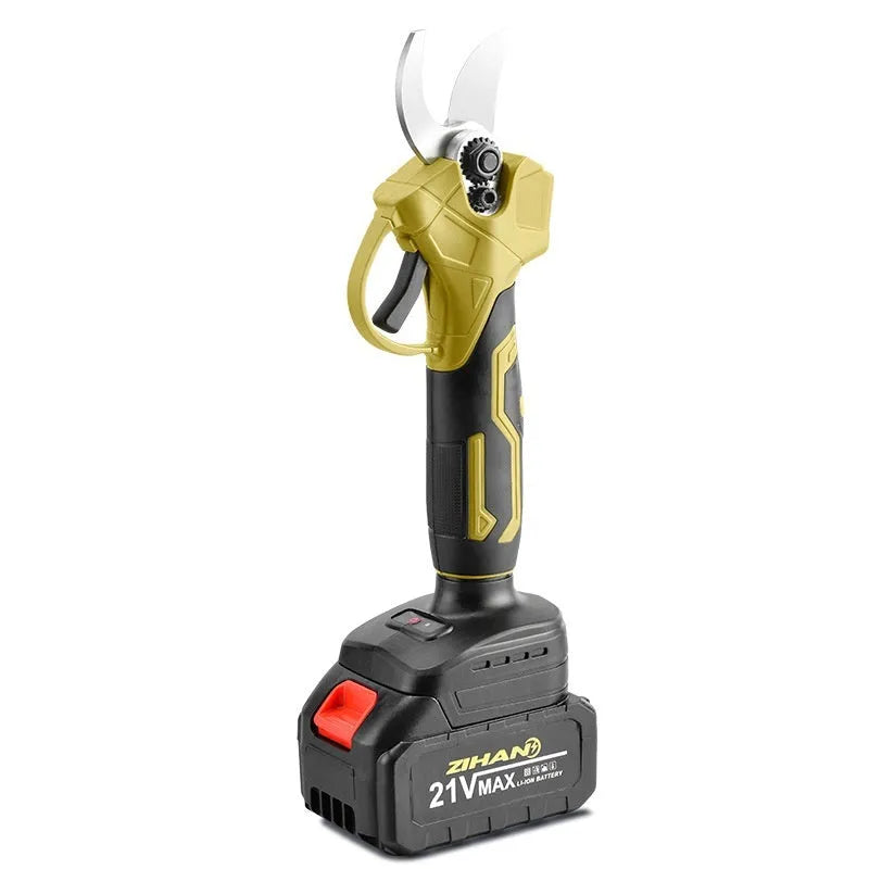 Wireless electric pruning shear with lithium batteries and plastic storage case.