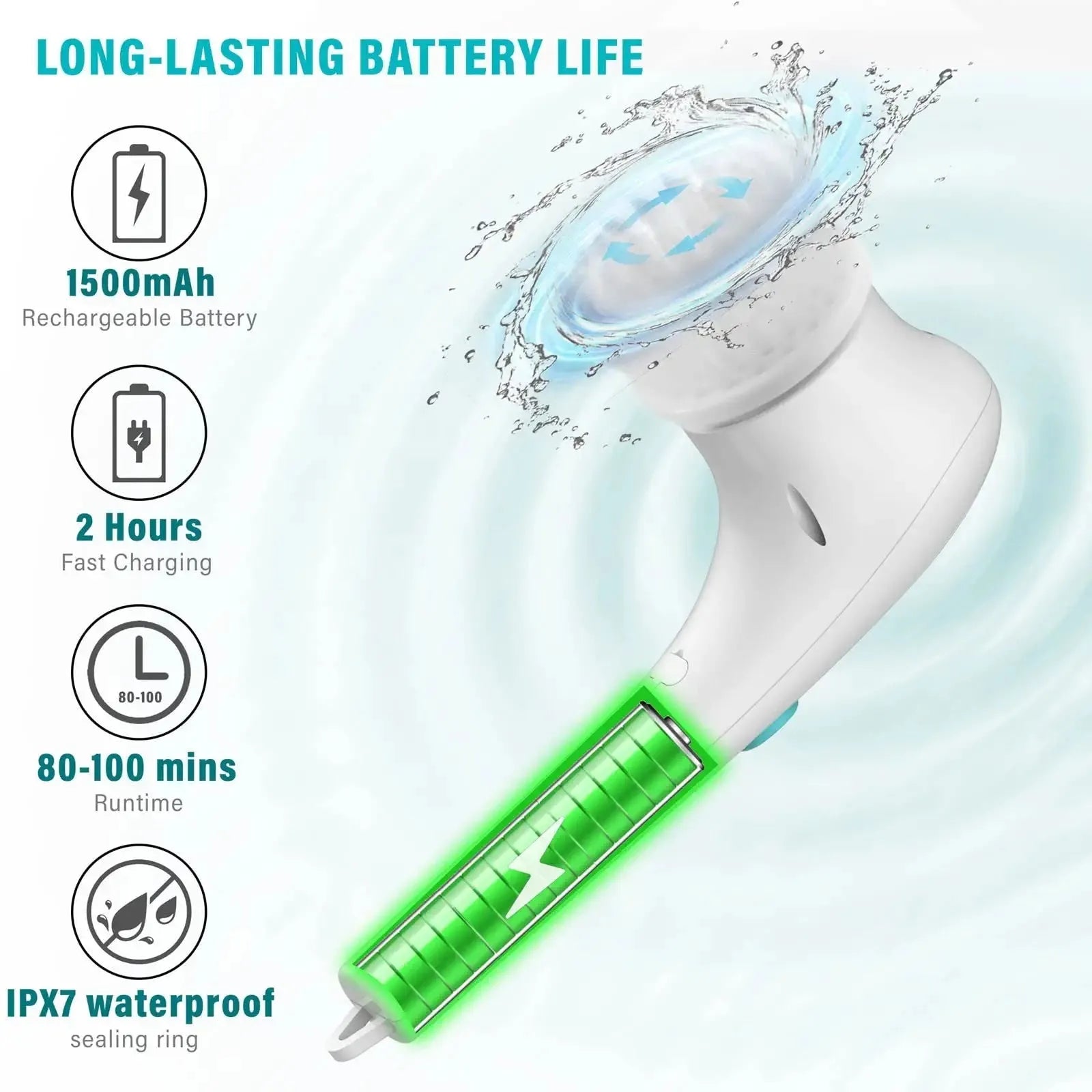 White cordless electric handheld scrubber with five cleaning brush heads on USB charging cable
