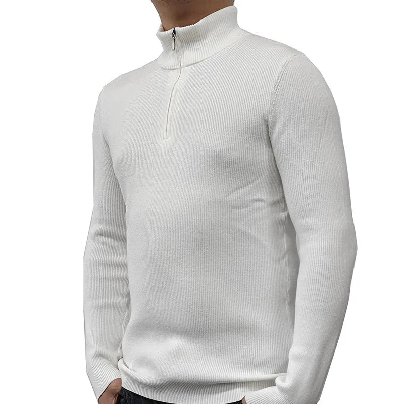 Men's black half-turtleneck sweater with front zipper and long sleeves in American style design