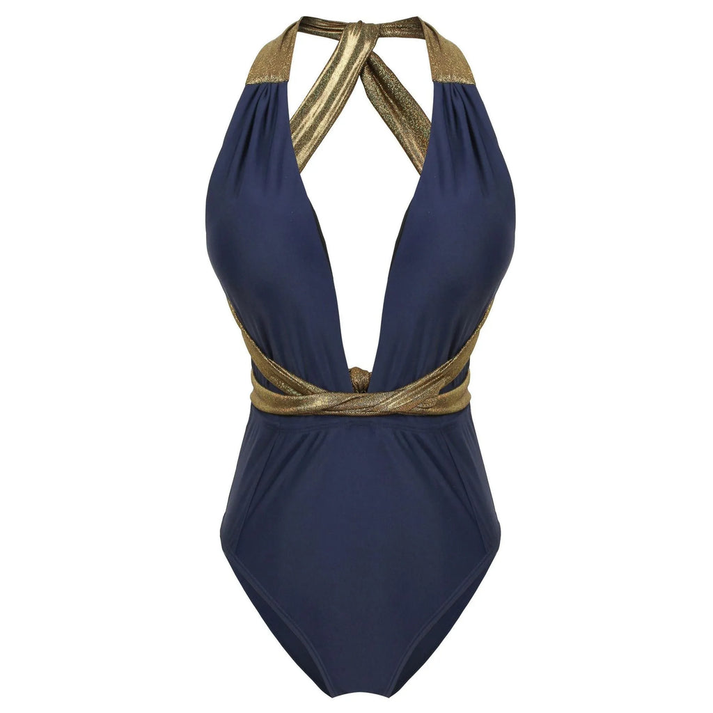 Hollow one piece nylon swimsuit for women in black, showing front view with open design