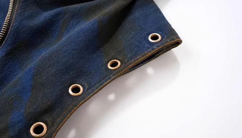 Blue Korean-style hooded denim vest coat with matching trousers, zippered front closure