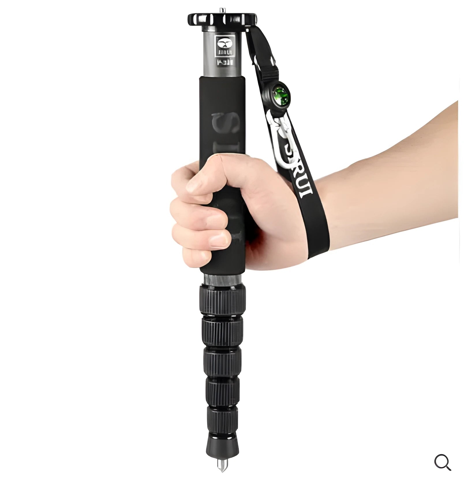 Black carbon fibre telescopic monopod for SLR cameras, shown at full extension.