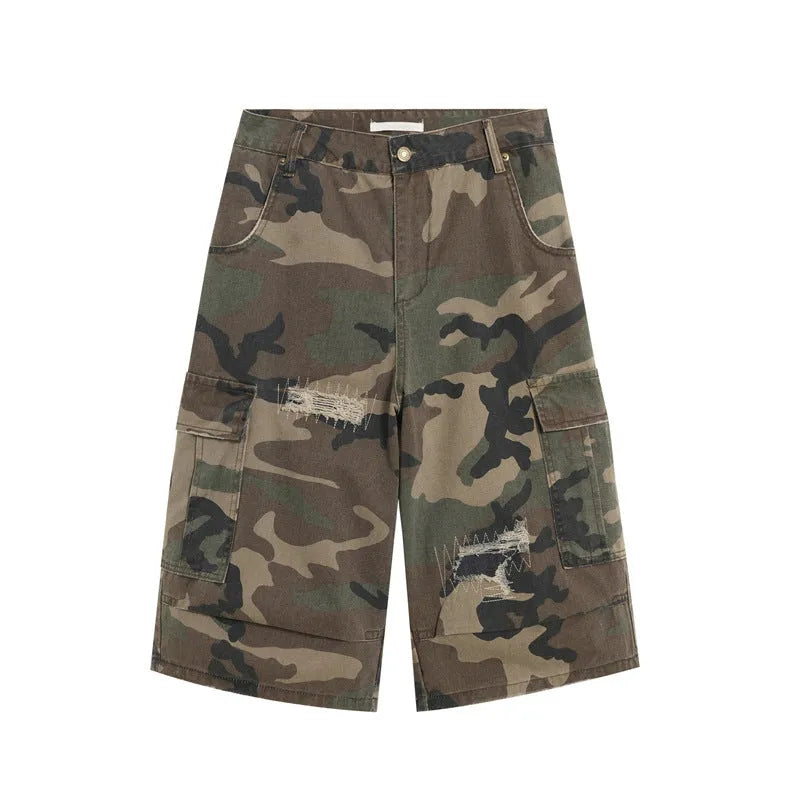 Men's camouflage colour ripped cropped jeans with retro patches in straight leg loose fit casual style