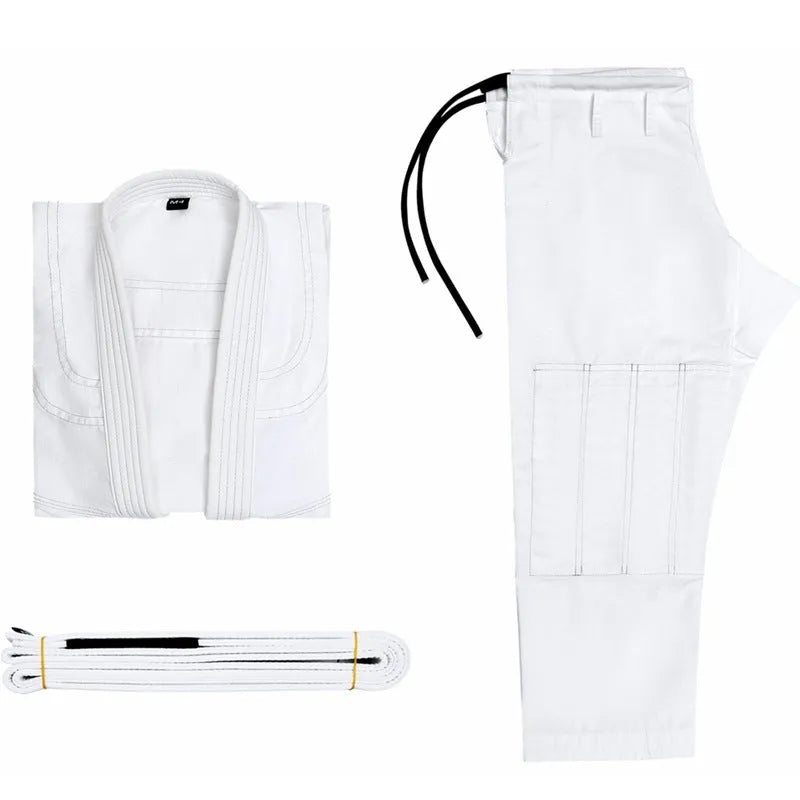 Thin Brazilian Jiu-jitsu gi set in cotton blend fabric showing complete training uniform