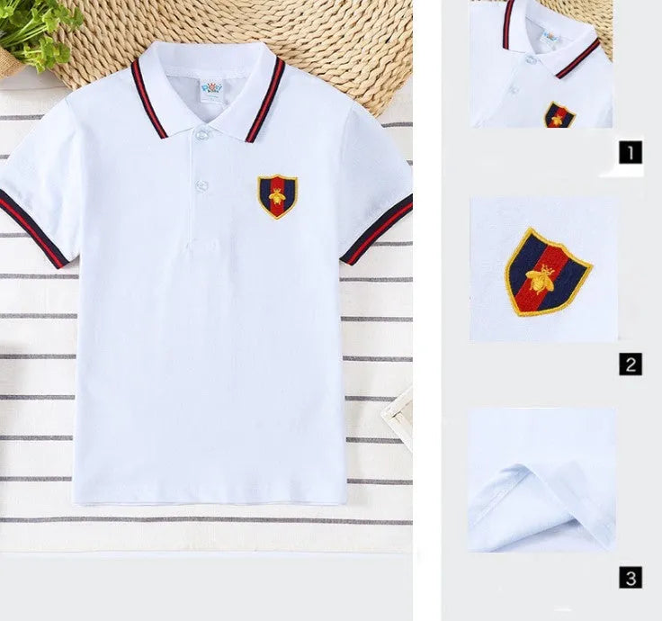 Boys' red short-sleeve polo shirt with lapel collar for children aged 3-8 years.