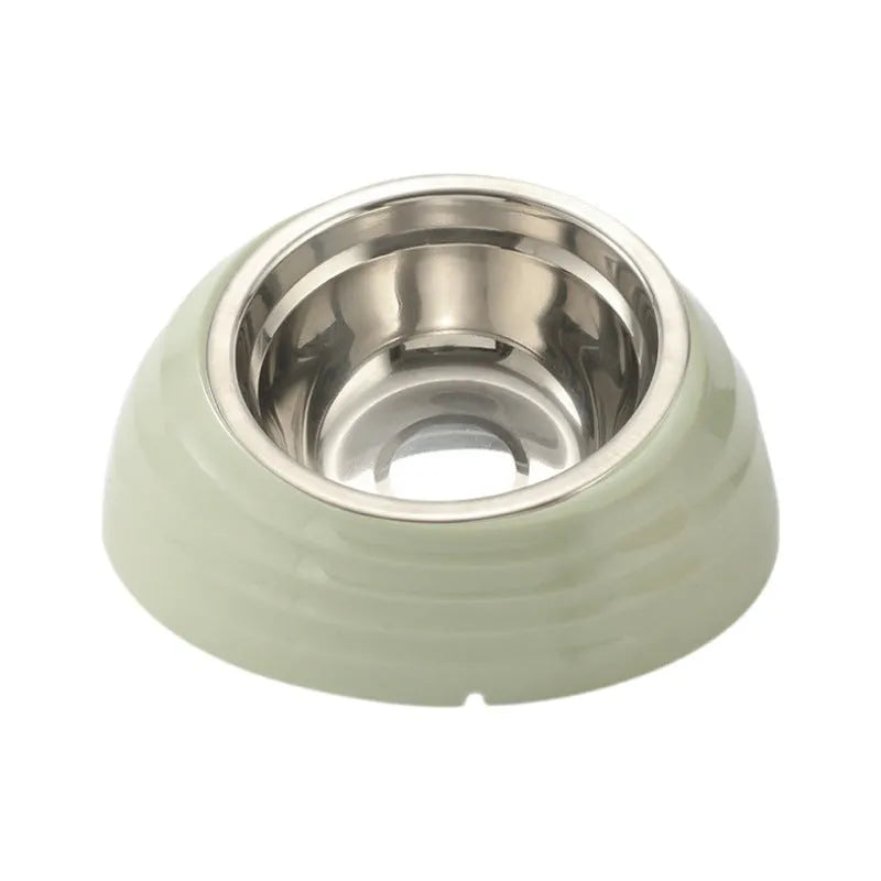 Stainless steel cat bowl with weighted plastic base in choice of beige, brown, or light green