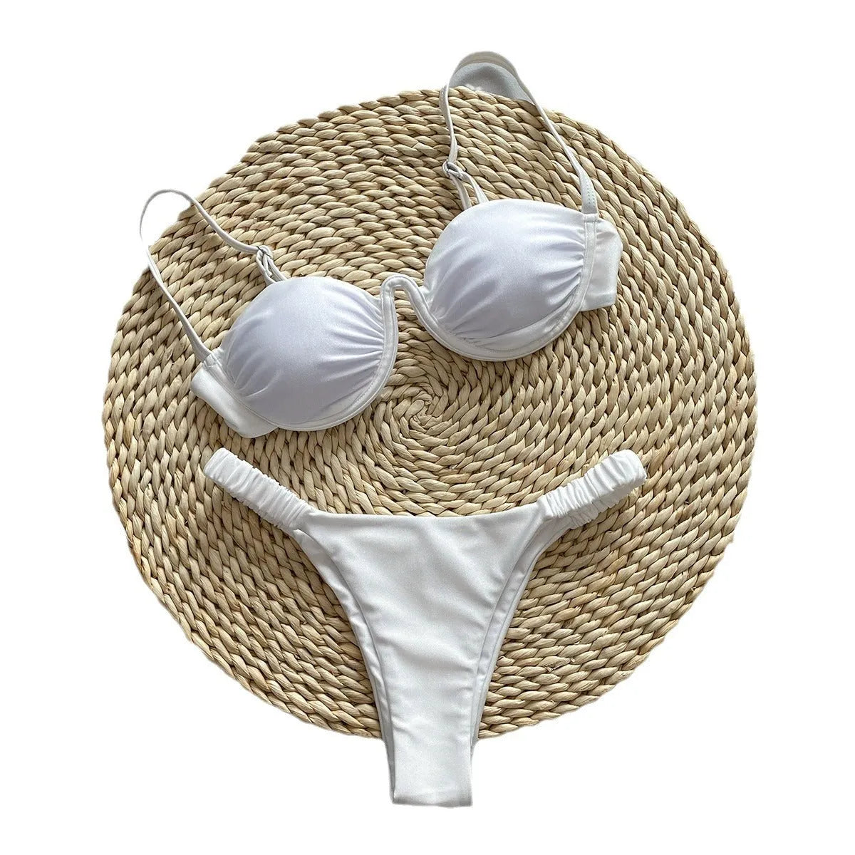 Women's black underwire bikini swimsuit set on a mannequin, showing sleeveless briefs style.