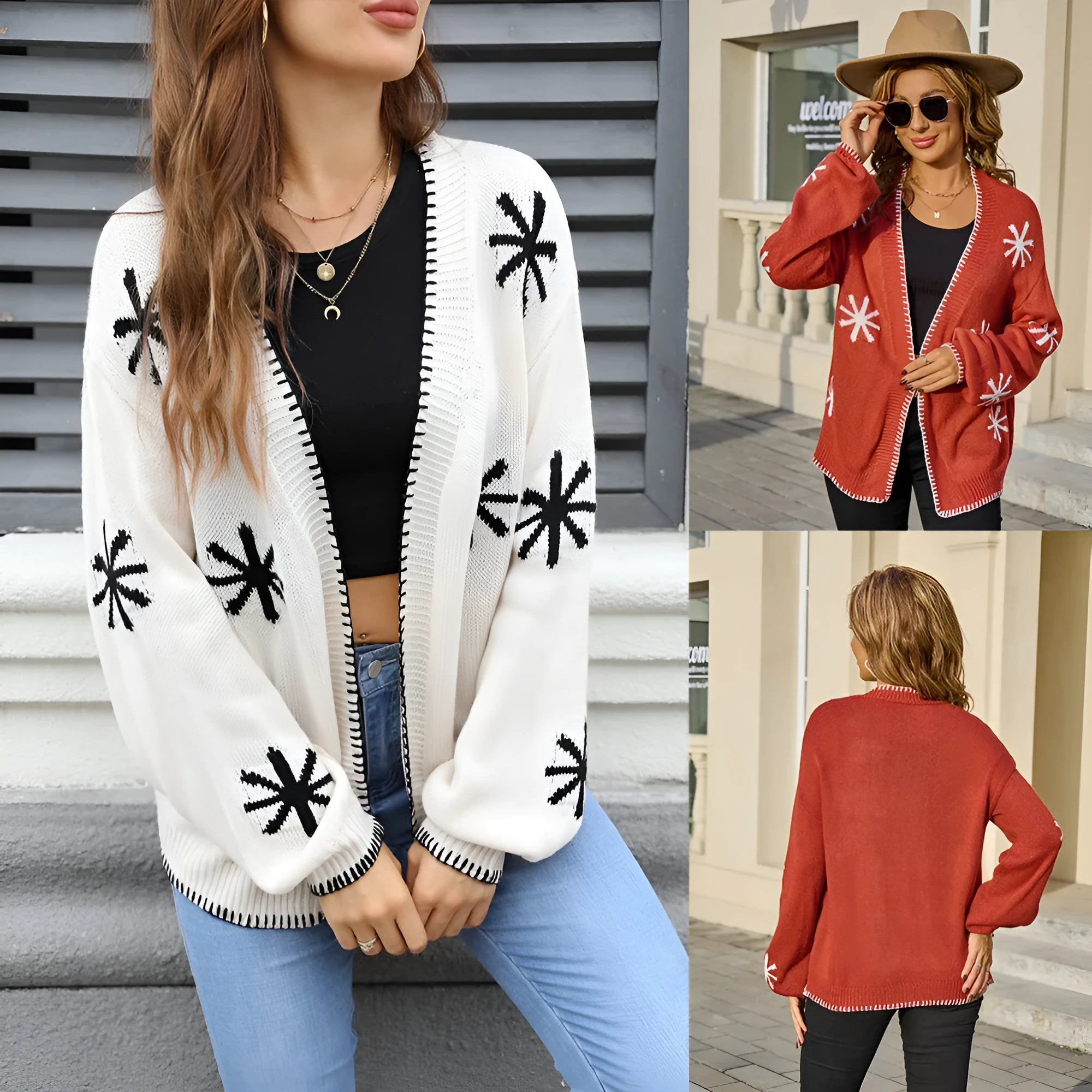 Beige jacquard floral knitted coat for plus-size women with off-neck design and regular sleeves