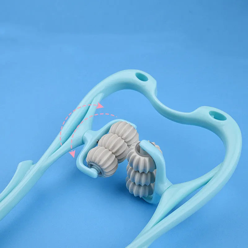 Blue swan-shaped manual neck massager with six wheels and natural jade scraping board on white background