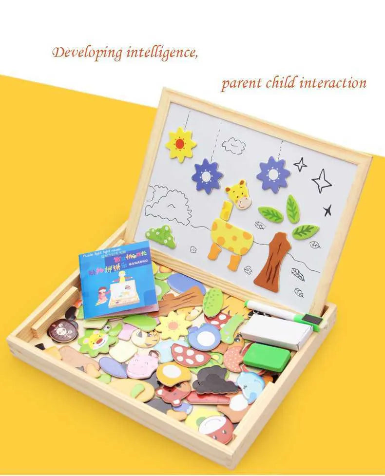 Wooden magnetic puzzle and drawing board toy for children with animal theme pieces.