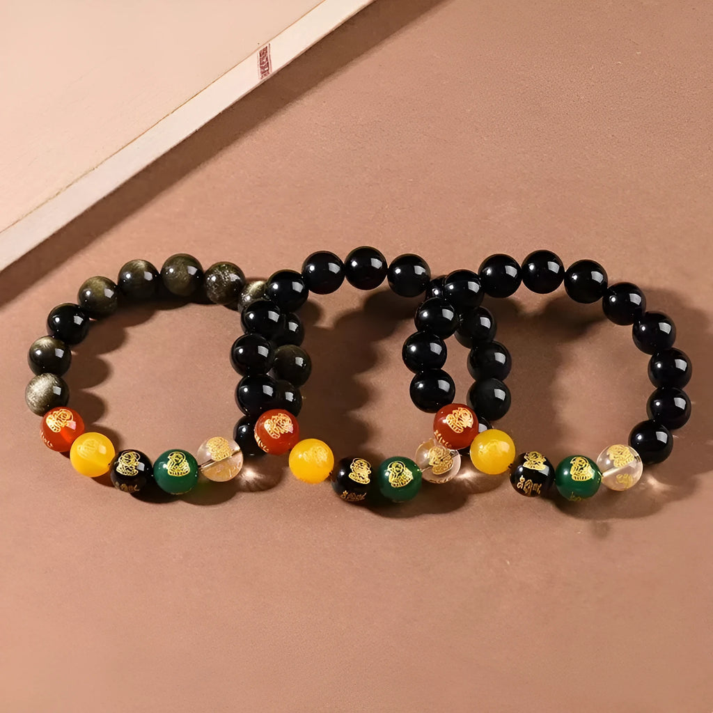 Single Circle Five Gods Of Wealth men's rainbow eye obsidian bracelet with polished crystal beads.