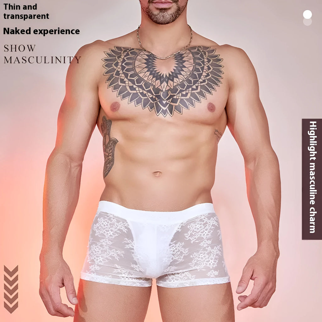 Men's black lace boxers made from nylon fabric, showing lace detailing on a free-size brief.