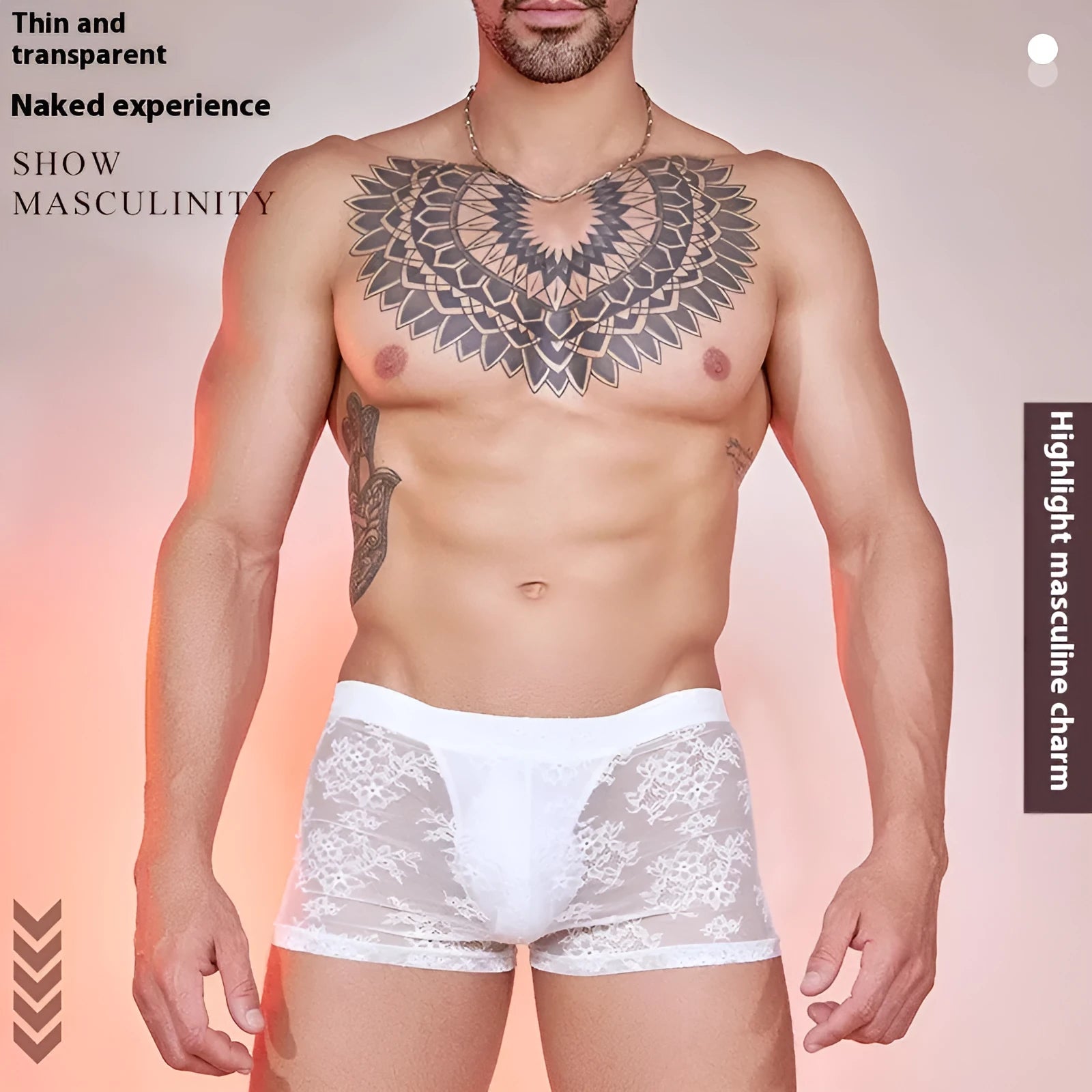 Men's black lace boxers made from nylon fabric, showing lace detailing on a free-size brief.