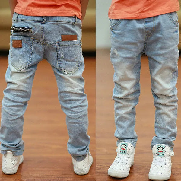 Boys' striped harem jeans with rubber band waist in sanded denim fabric