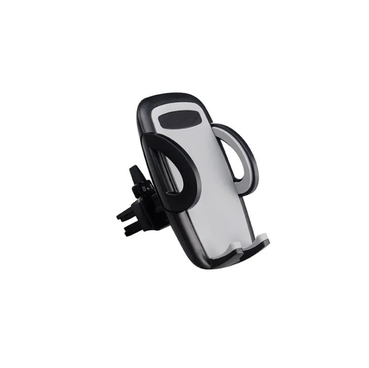 Black plastic mobile phone holder mounted on car air conditioning vent with phone in cradle