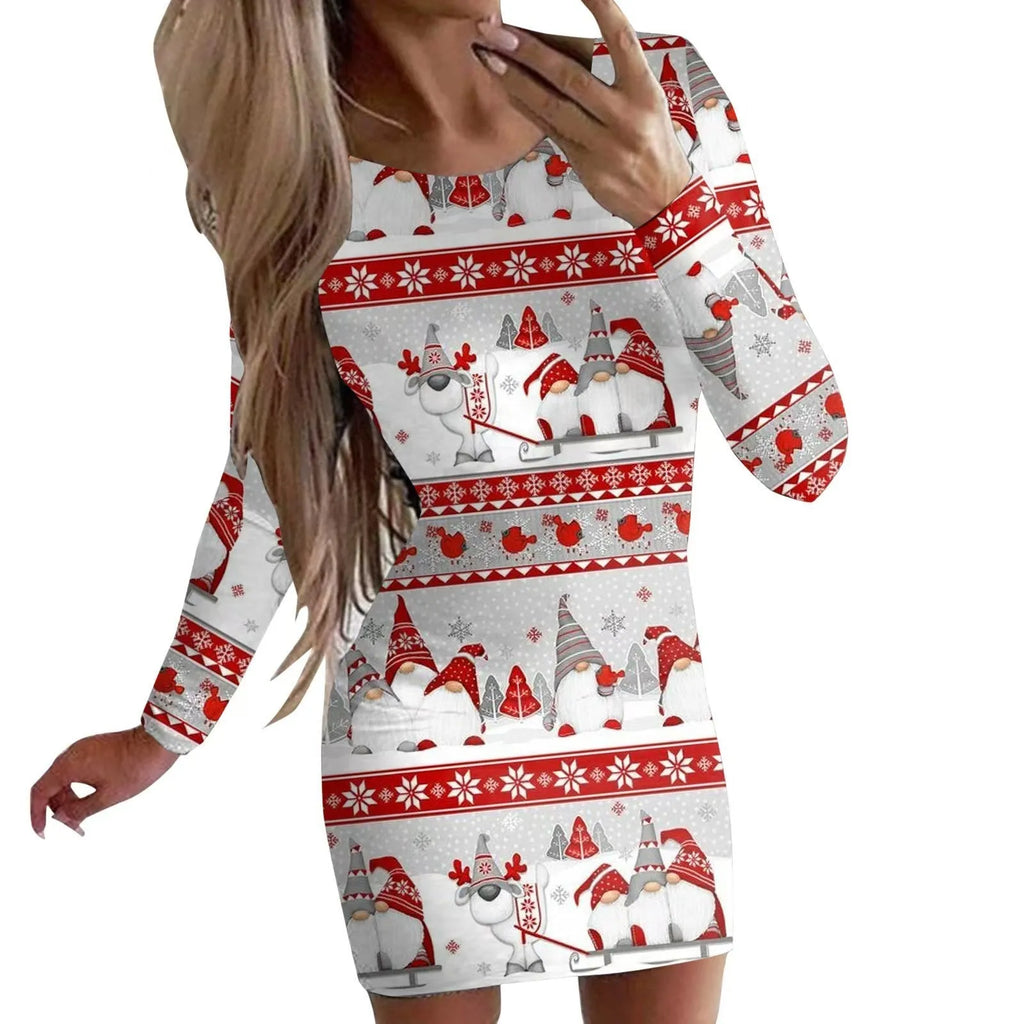Christmas printed slim-fit dress with animal patterns and long sleeves in floral colour variant
