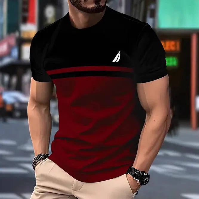 Grey loose-fit men's short sleeve casual T-shirt made from polyester fabric on a hanger.