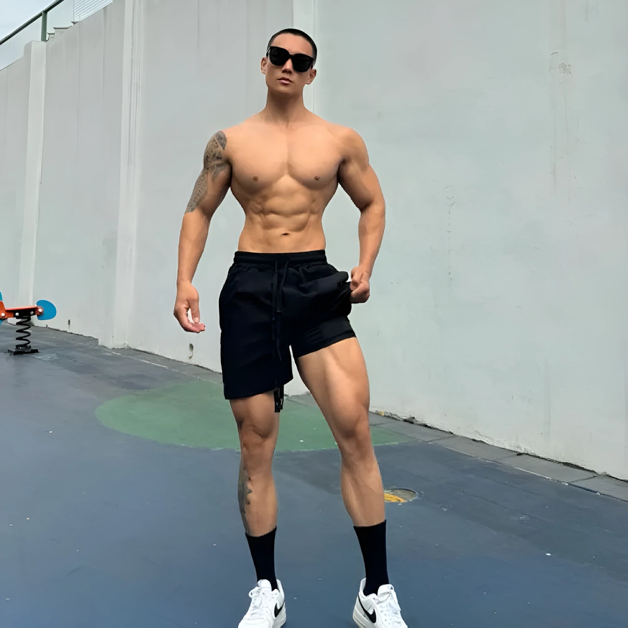 Men's ice silk quick-drying shorts in quarter length, shown in multiple colours.