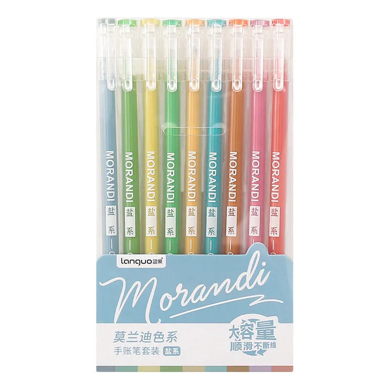Nine retro-style gel pens in assorted colours with 0.5mm needle tips arranged in set packaging