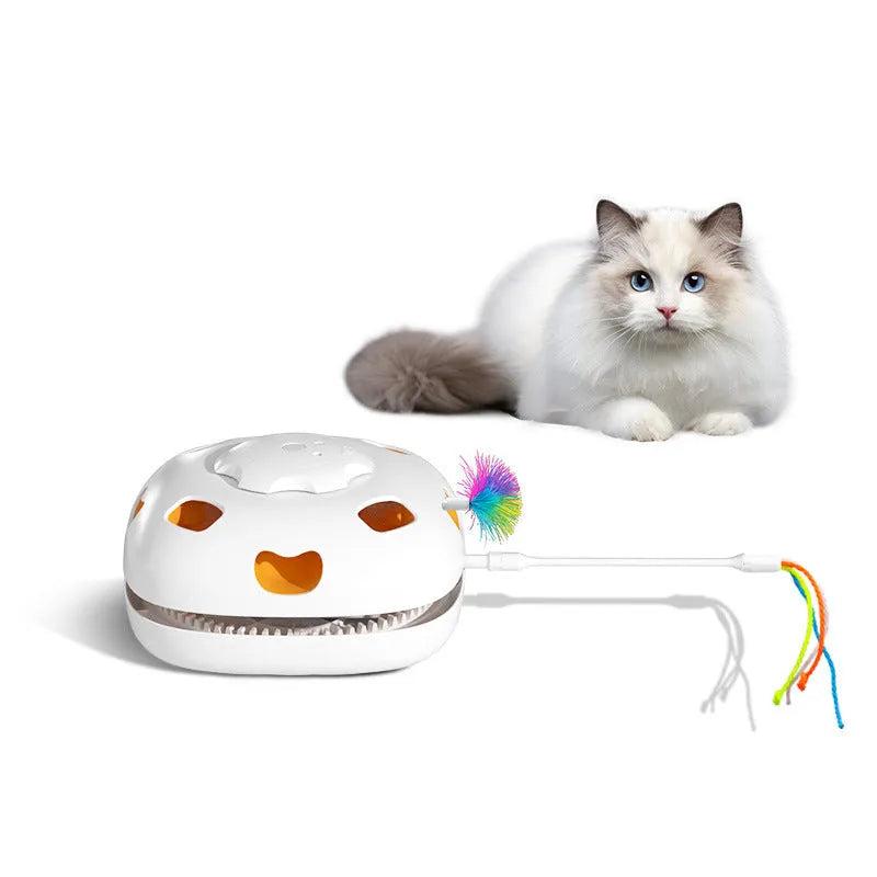 Automatic cat teaser toy with feather components in bright colours showing rolling action mechanism