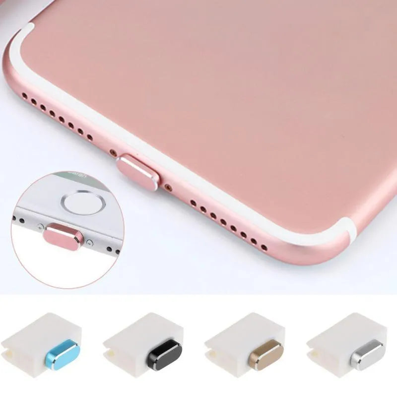 Aluminium alloy iPhone charging port dust plug shown in gold, silver, and rose gold colours.