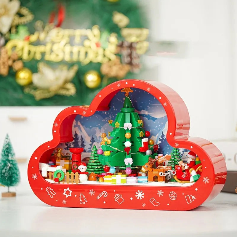 Assembled building block cloud night lamp with LED lights and decorative mirror frame showing fairy tale Christmas tree design