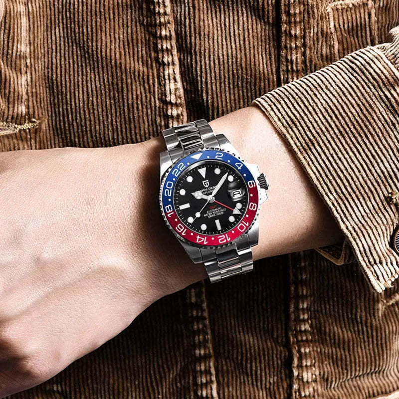 Men's calendar luminous GMT watch with stainless steel bracelet and black dial