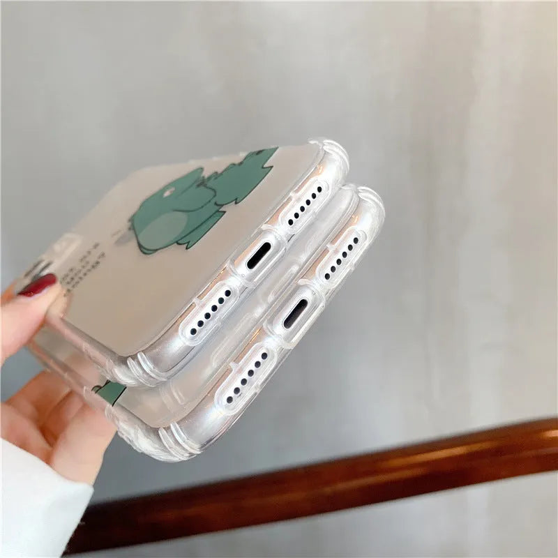 Transparent iPhone case with green dinosaur design and airbag anti-fall protection