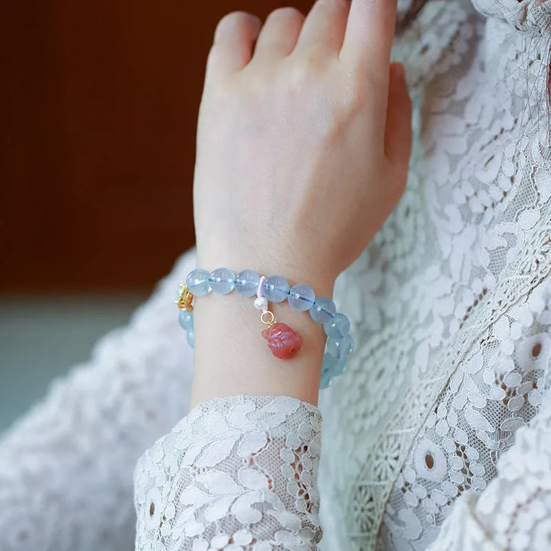 Women's Chinese style Fengjiu DIY aquamarine bracelet with pearl and pink crystal charms